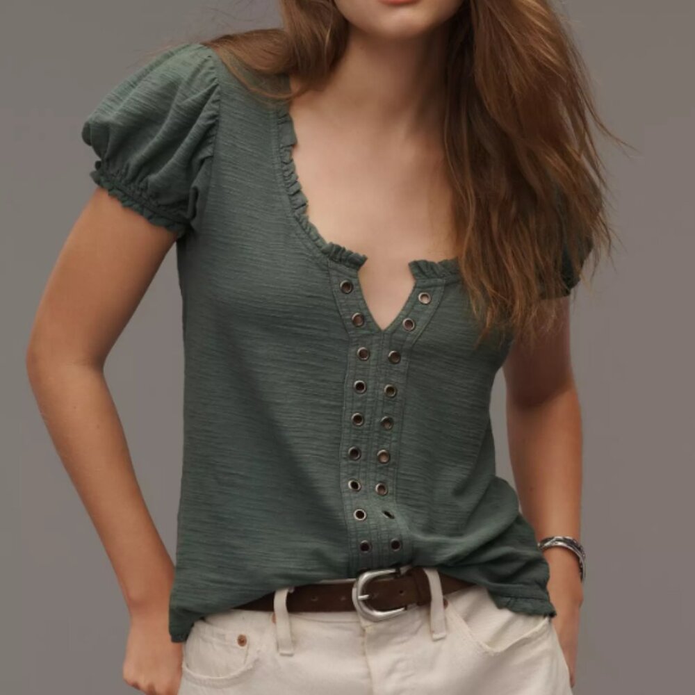 Pilcro Puff-Sleeve Grommet Top Darkened forest size XS
